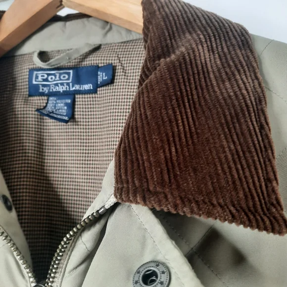 POLO Ralph Lauren Quilted Jacket Corduroy Collar Car Chore Barn Coat Tan Large - Picture 7 of 9